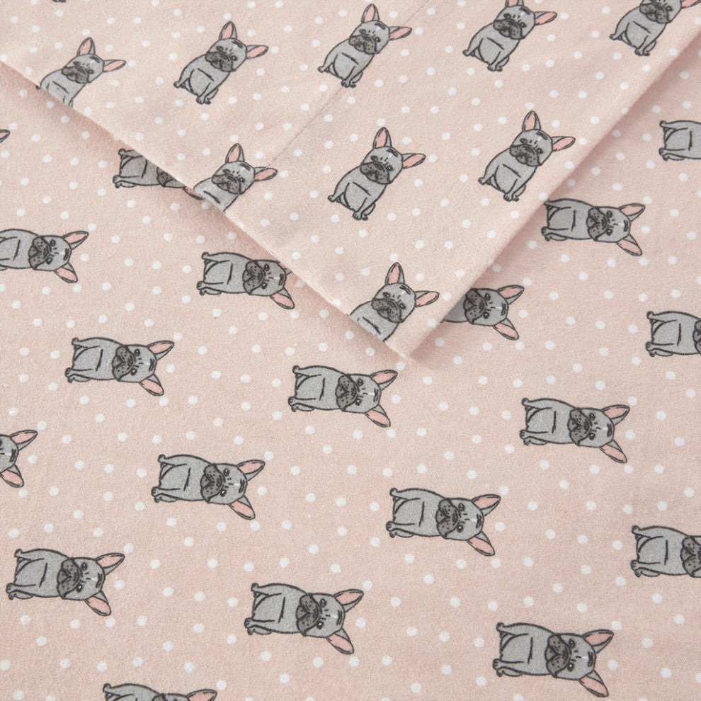 True North by Sleep Philosophy Cotton Flannel Sheet Set, French Bulldog, Pink