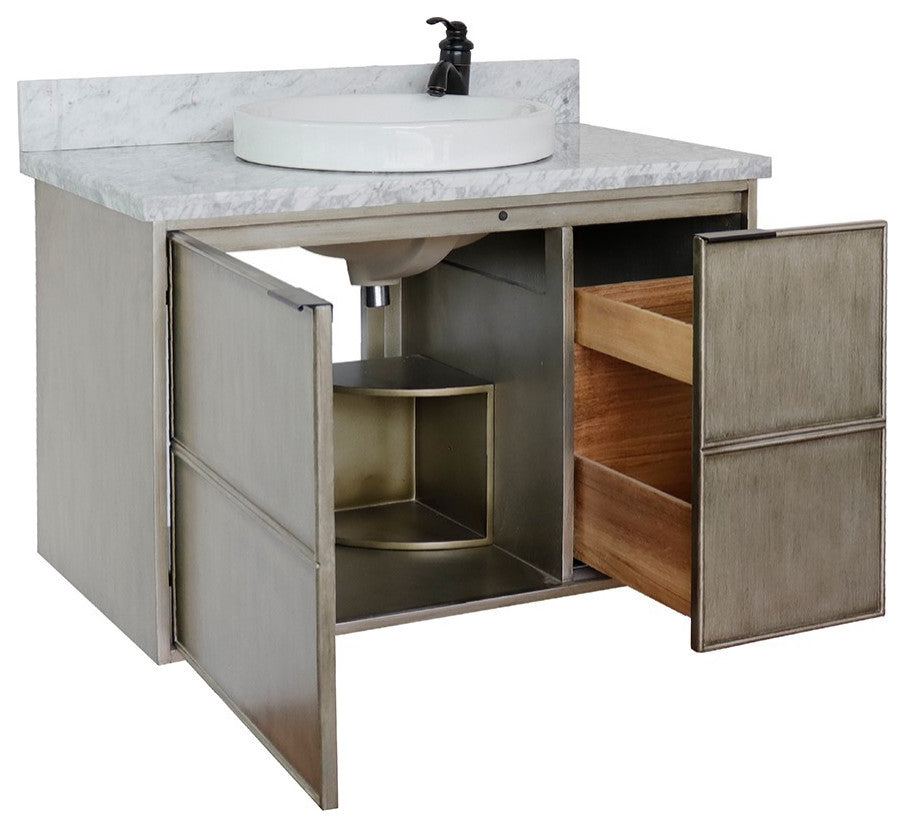 37" Single Wall Mount Vanity, Linen Brown Finish With White Carrara Top