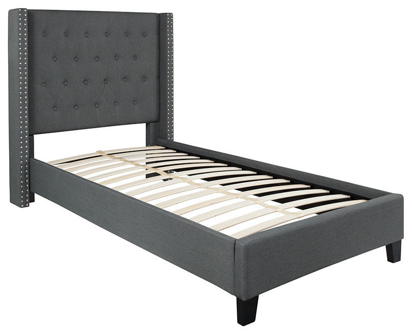 Riverdale Twin Size Tufted Upholstered Platform Bed in Dark Gray Fabric