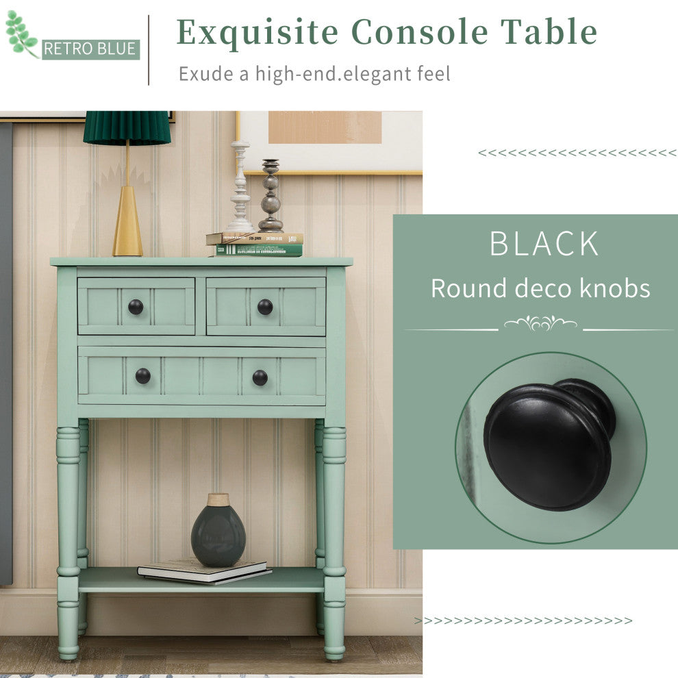 Narrow Console Table with Three Storage Drawers, Antique Blue