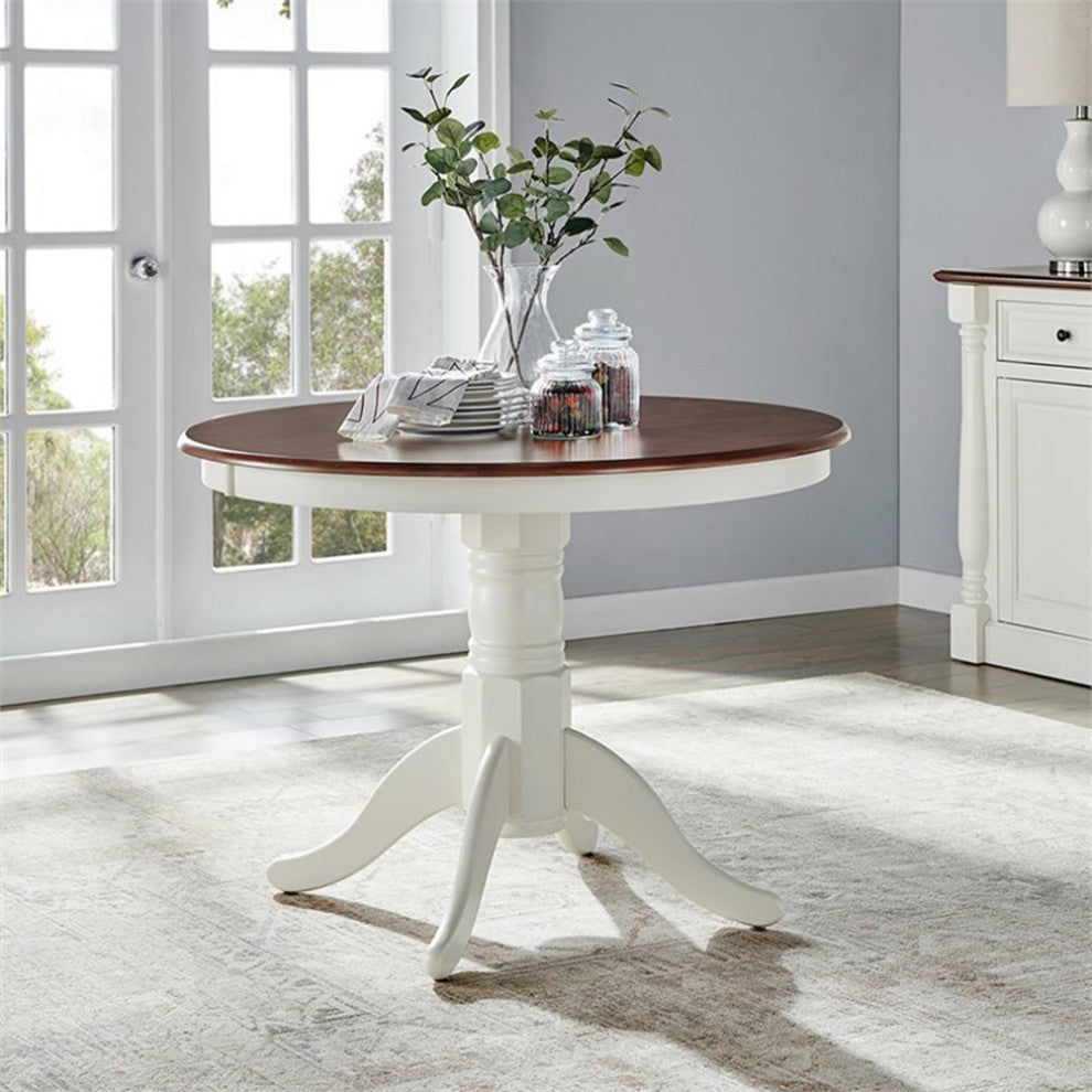 Bowery Hill Round Pedestal Wood Dining Table in Rubbed White/Rich Cherry