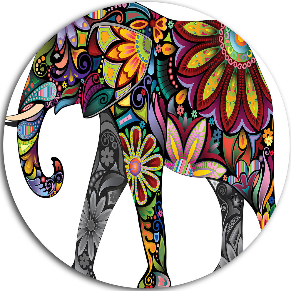 Yellow Cheerful Elephant, Animal Digital Art Round Metal Wall Art, 36"