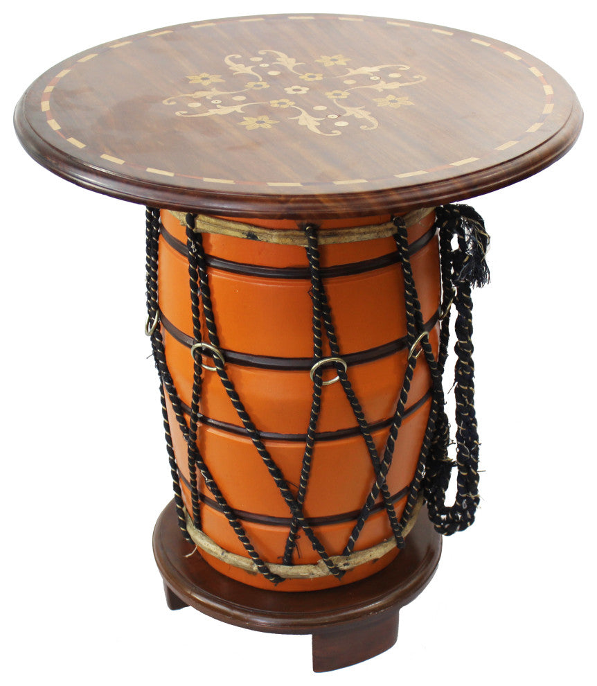 Natural Geo Orange Floral Rosewood 20" Drum Accent Table