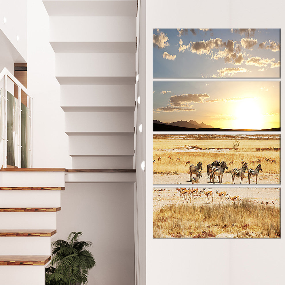 Zebras and Antelopes in Africa, African Landscape Canvas Art, 28"x48", 4 Panels