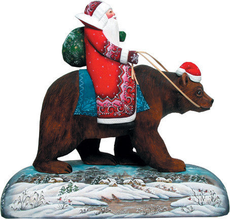 Hand Painted Grizzly Bear Santa On Wood Base