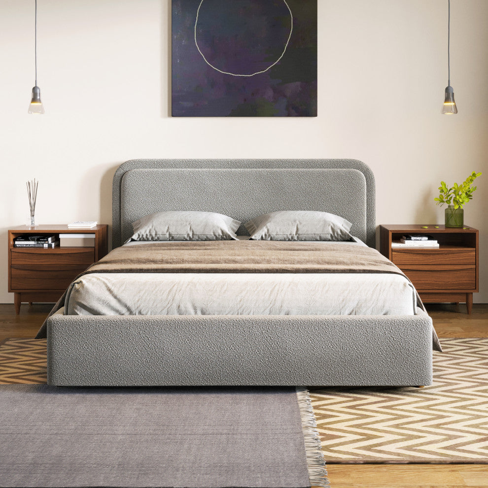 Omax Decor Chloe Modern Fabric Upholstered Platform Bed, Grey Boucle, Queen