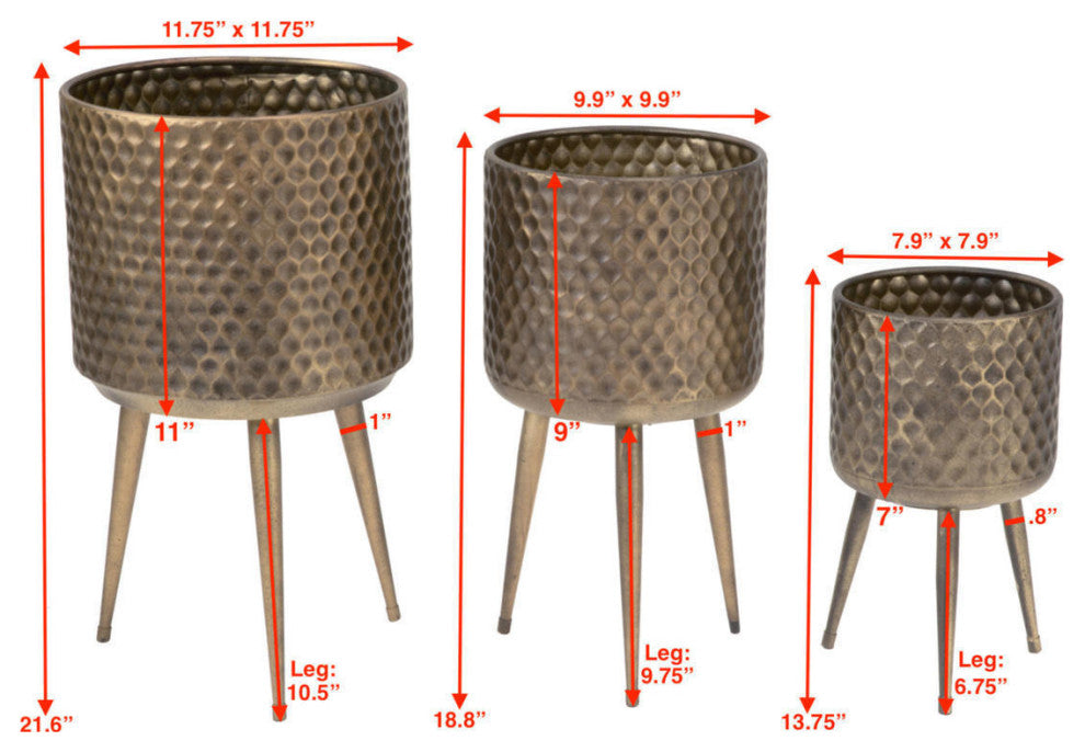 Textured Metal Bins/Plant Buckets, Set of 3, Burnished Gold