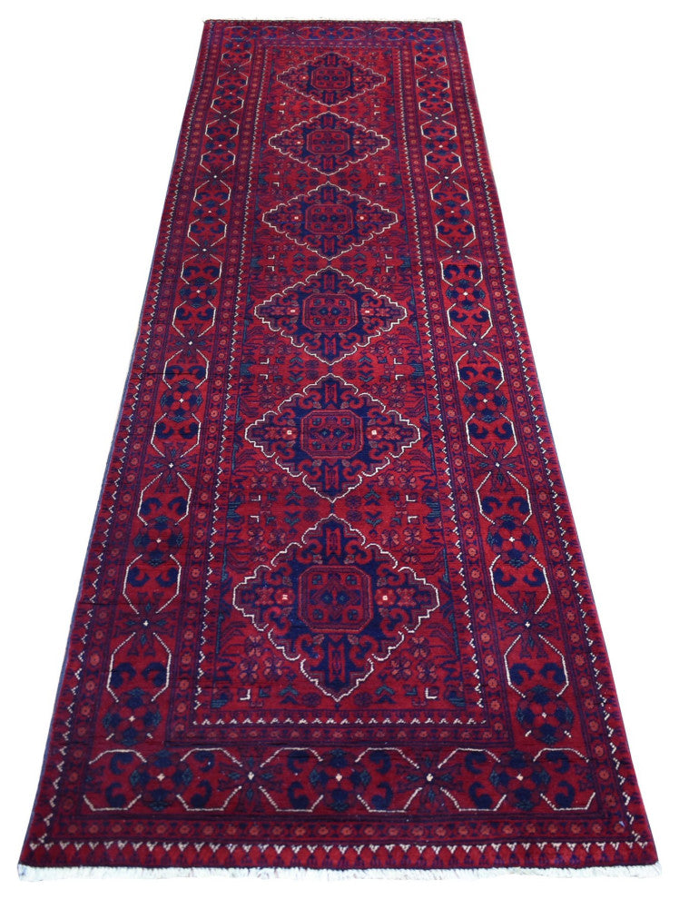 Red Afghan Khamyab Wool Tribal Design Hand Knotted Runner Oriental Rug 2'9"x9'5"