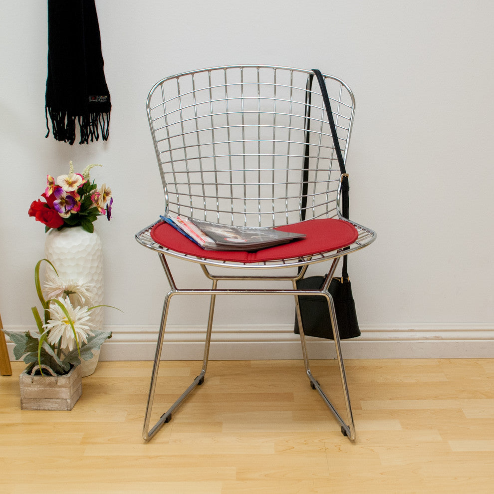 Mid Century Modern Chrome Wire Dining Side Chair, Chrome Frame, Red Pad