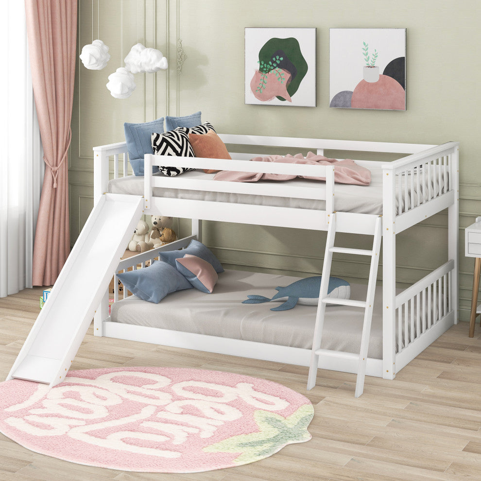 Gewnee Wood Full Over Full Bunk Bed with Slide and Ladder in White