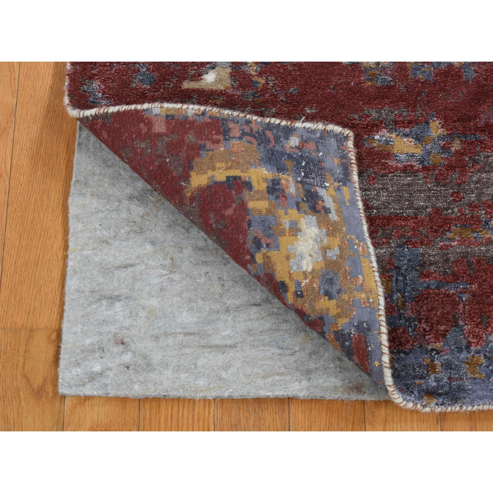 Thunder Gray Modern Abstract Wool and Silk Hand Knotted Runner Rug, 2'6"x10'