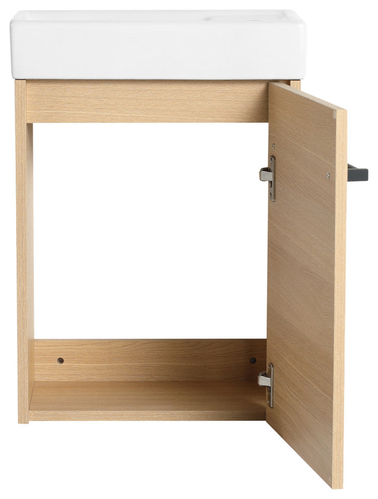 GDF Studio 16" Wall-Mounted Vanity, Ceramic Sink & Soft-Close Cabinet, Light Oak