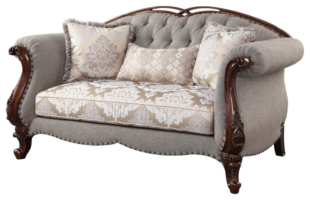 Benzara BM250250 Loveseat, Button Tufted Back and Queen Anne Legs, Gray/Brown