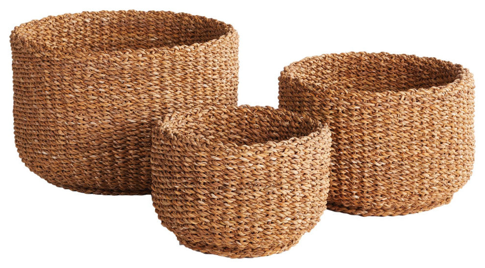 Set of 3 Woven Sea Grass Storage Baskets Cylinder 18 15 12 in Natural Spa Towel