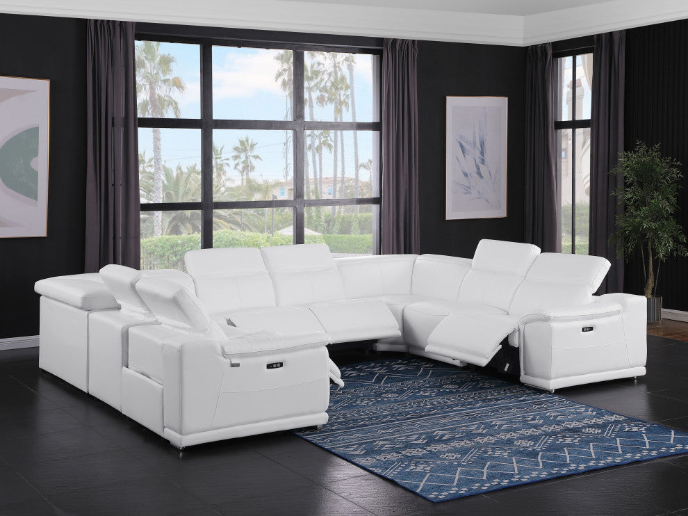 Federico 8-Piece Italian Leather U-NC Sectional, 4 Power Recliners, White