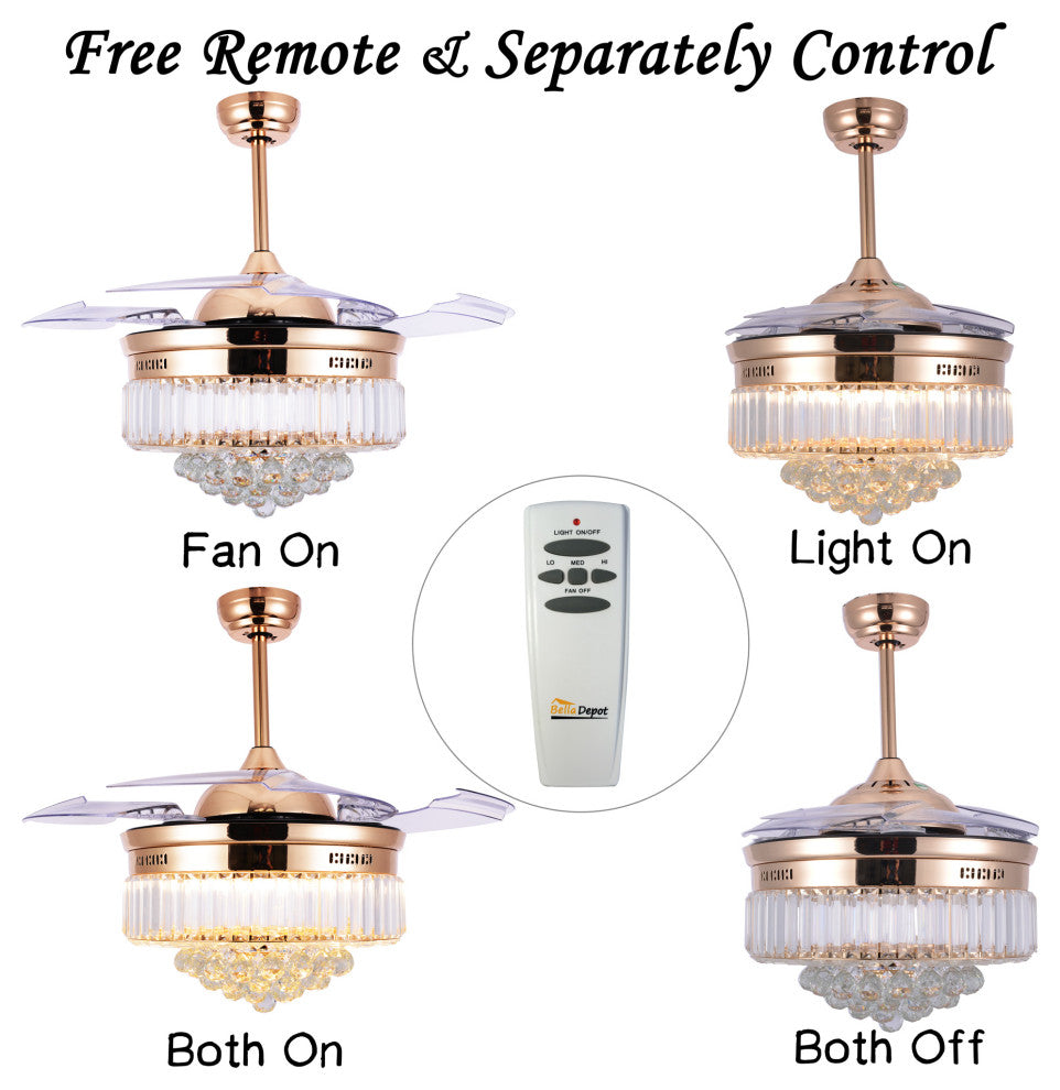 Unique Caged Ceiling Fan with Remote, LED light, Retractable Blades, French Gold