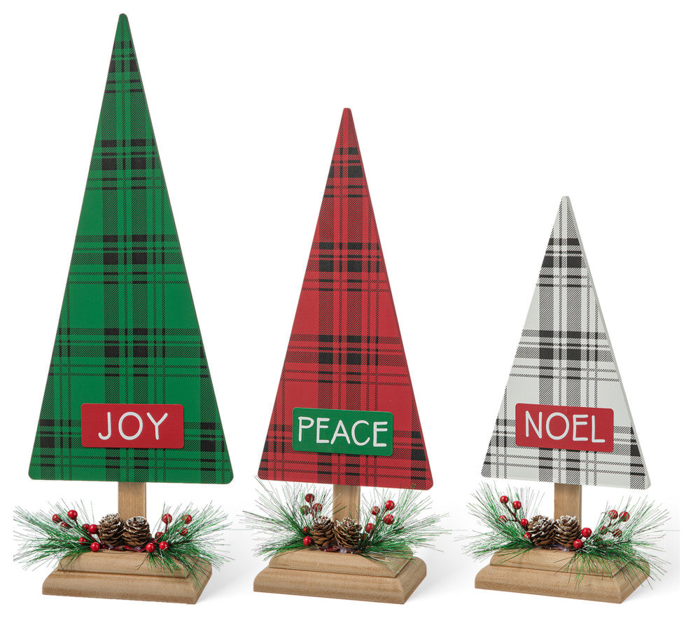 3-Piece Set Wooden Christmas Plaid Table Tree