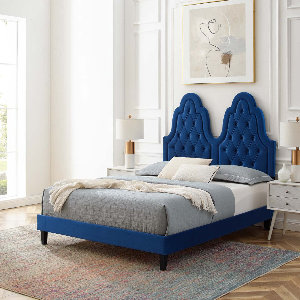 Tufted Platform Bed Frame, Twin Size, Velvet, Blue Navy, Modern Contemporary
