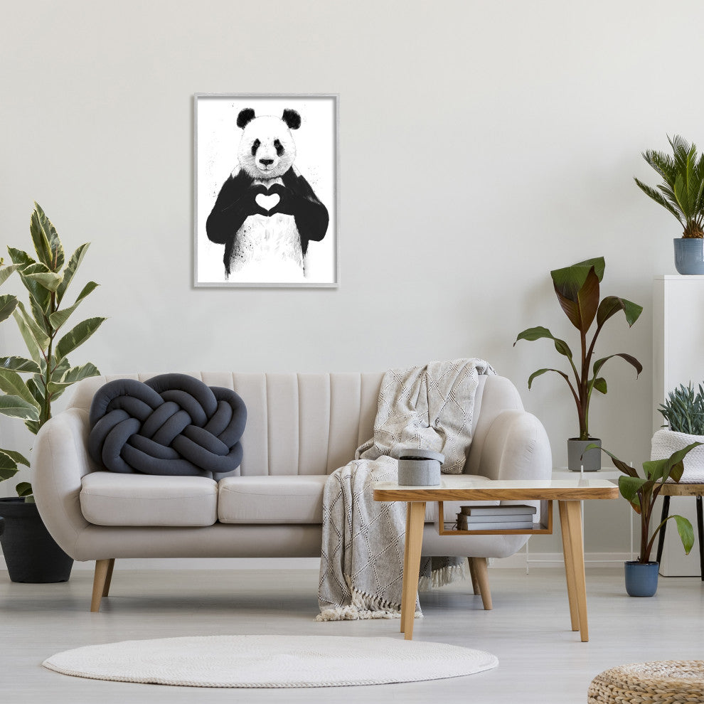 Black and White Panda Bear Making a Heart Ink Illustration, 24 x 30