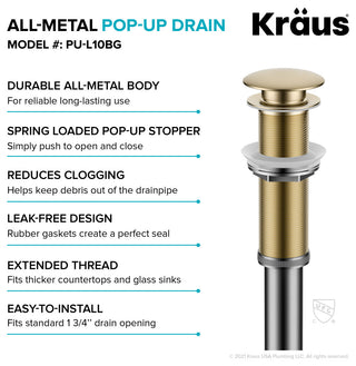 Pop Up Drain With Extended Thread, Brushed Gold