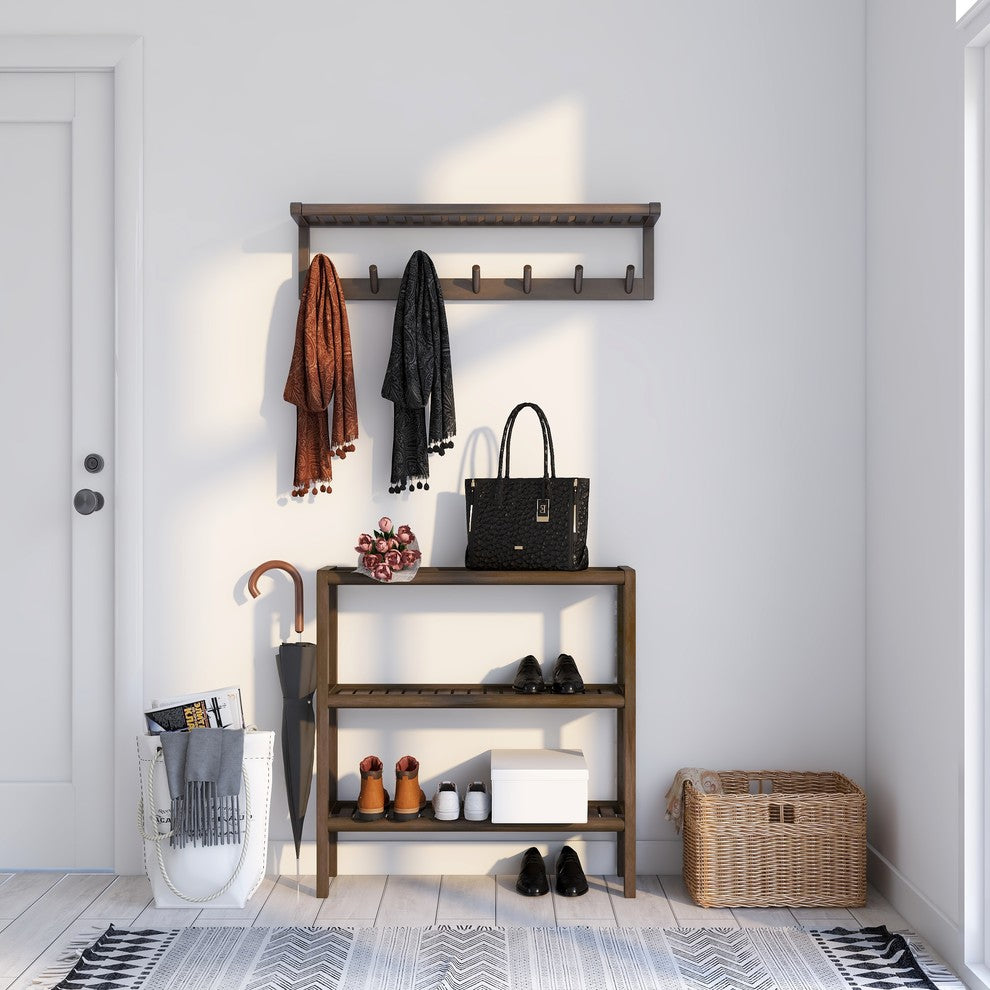 Abingdon Solid Birch Wood Large Peg Rack With Shelf, Espresso