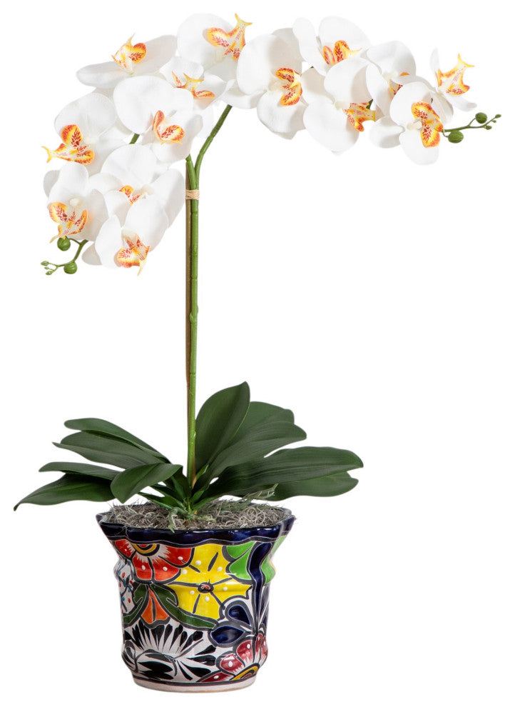 26in Faux Double Orchid Arrangement, Handmade Mexican Talavera Ceramic Planter