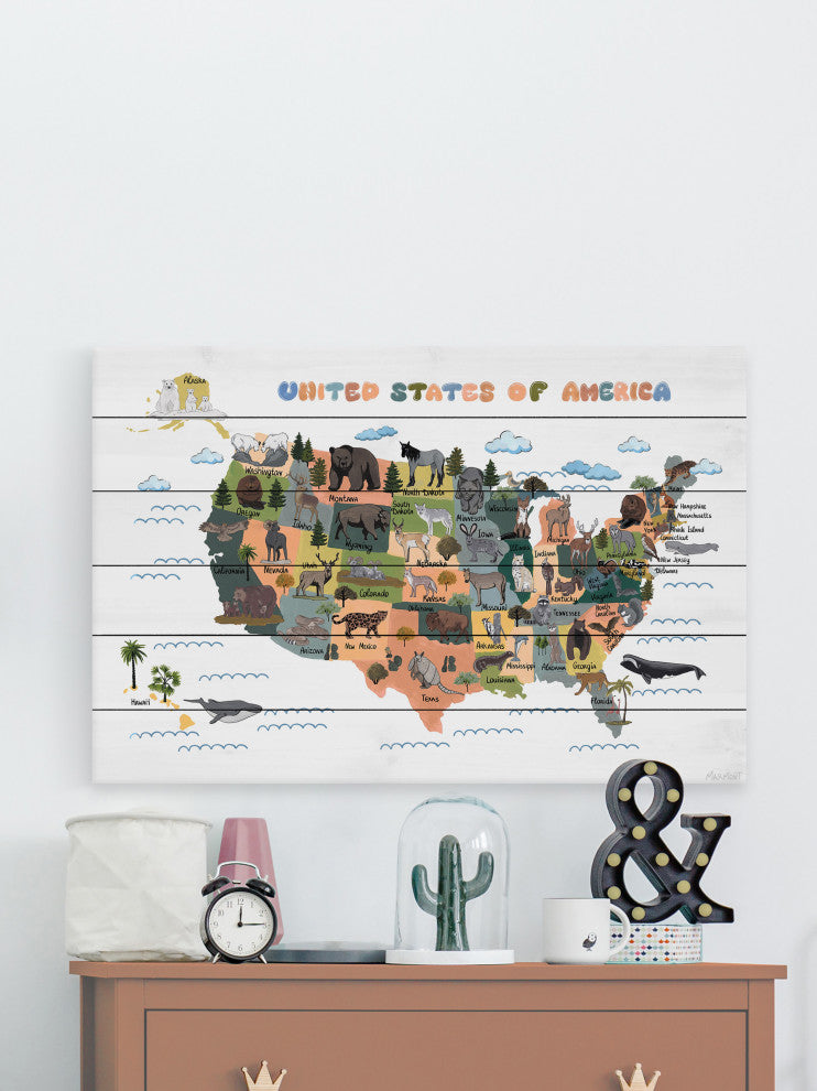 "Colorful US Animals Map" Painting Print on White Wood, 18x12