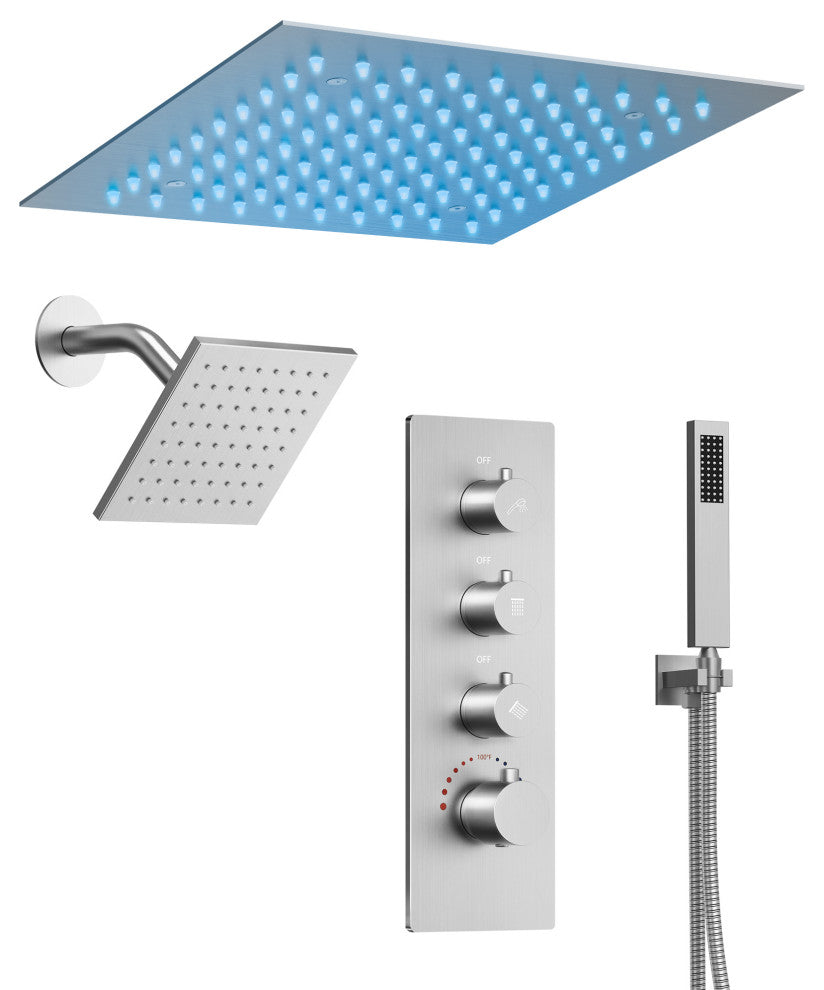LED Dual Heads 12" Rain Shower System With Thermostatic 3-Way Faucet, Brushed Nickel