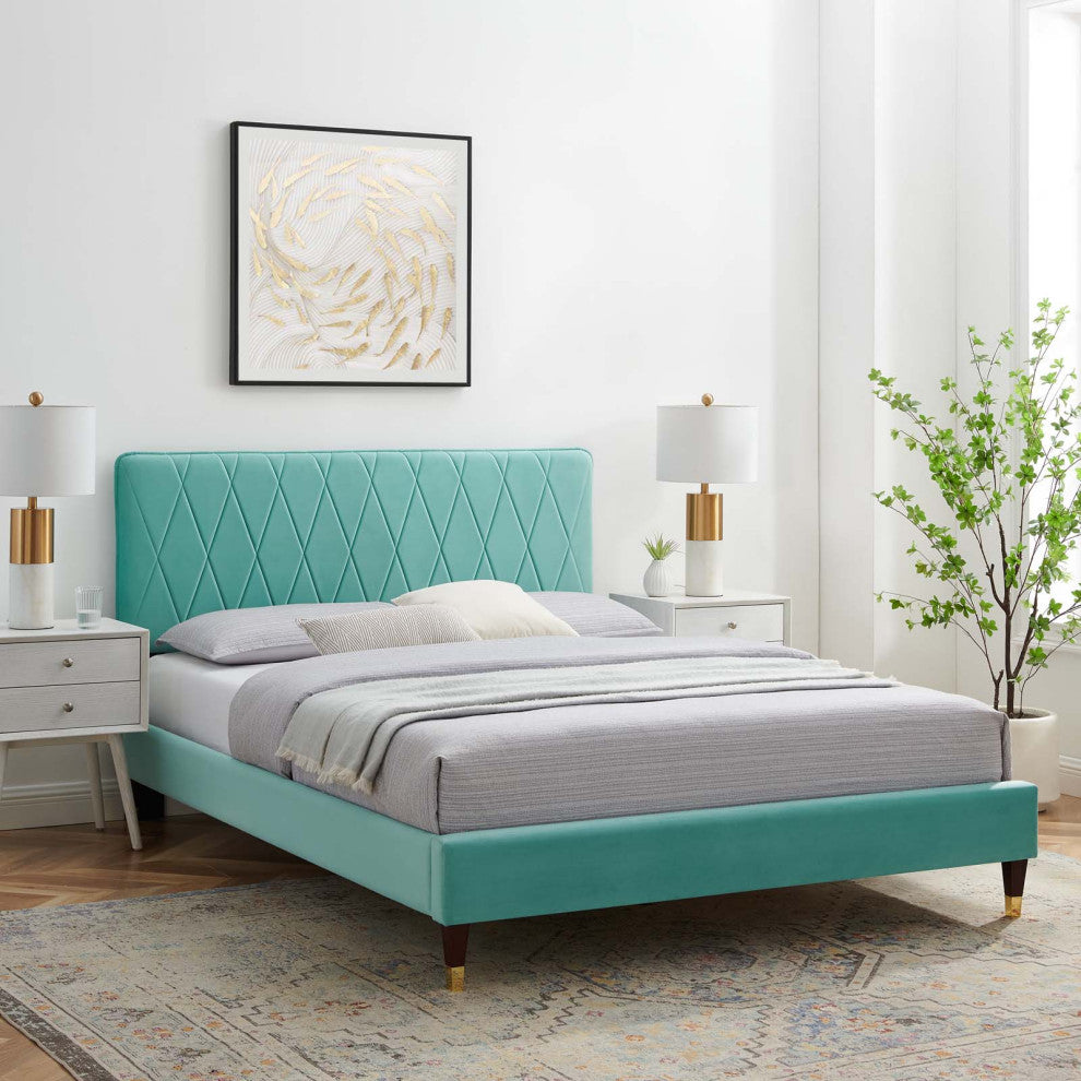 Platform Bed Frame, Full Size, Velvet, Blue, Modern Contemporary, Bedroom Master