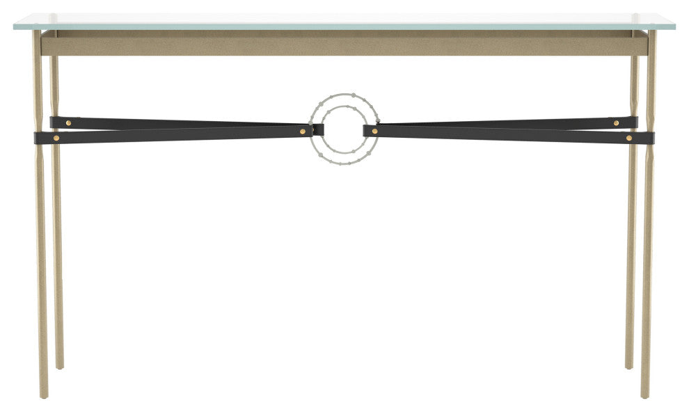 Equus Console Table, Soft Gold Finish - Sterling Accents - Black Leather Strap