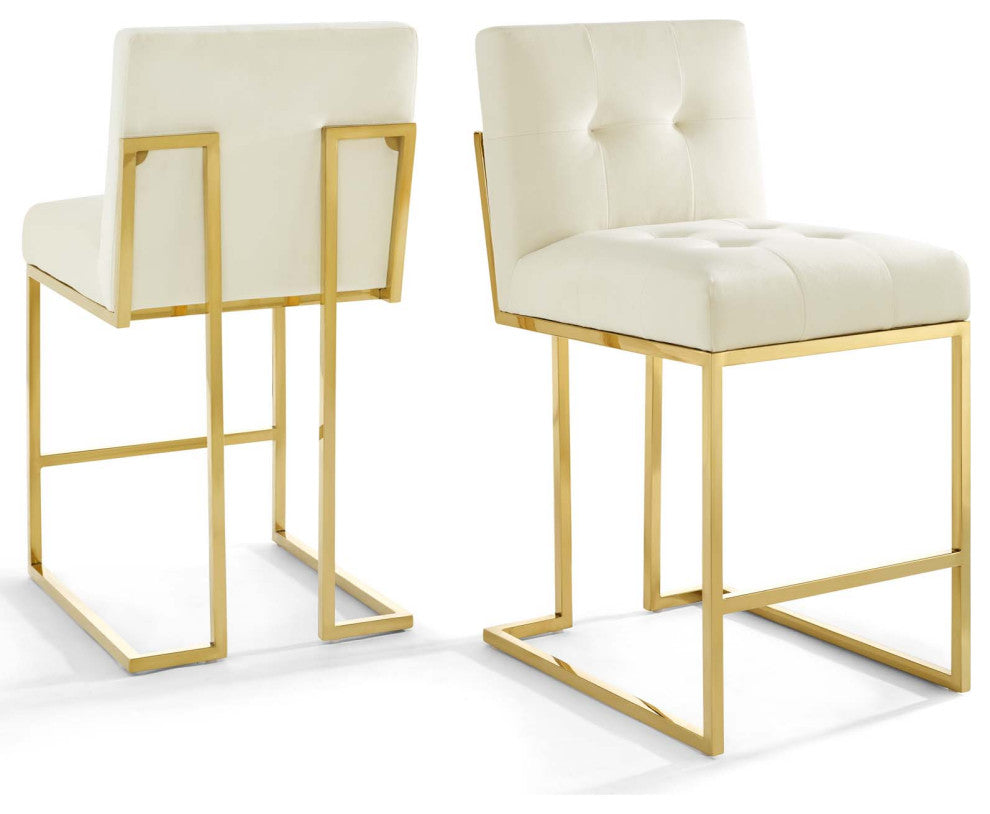 Counter Stool Chair, Set of 2, Velvet, Metal, Gold Ivory White, Modern, Bar Pub