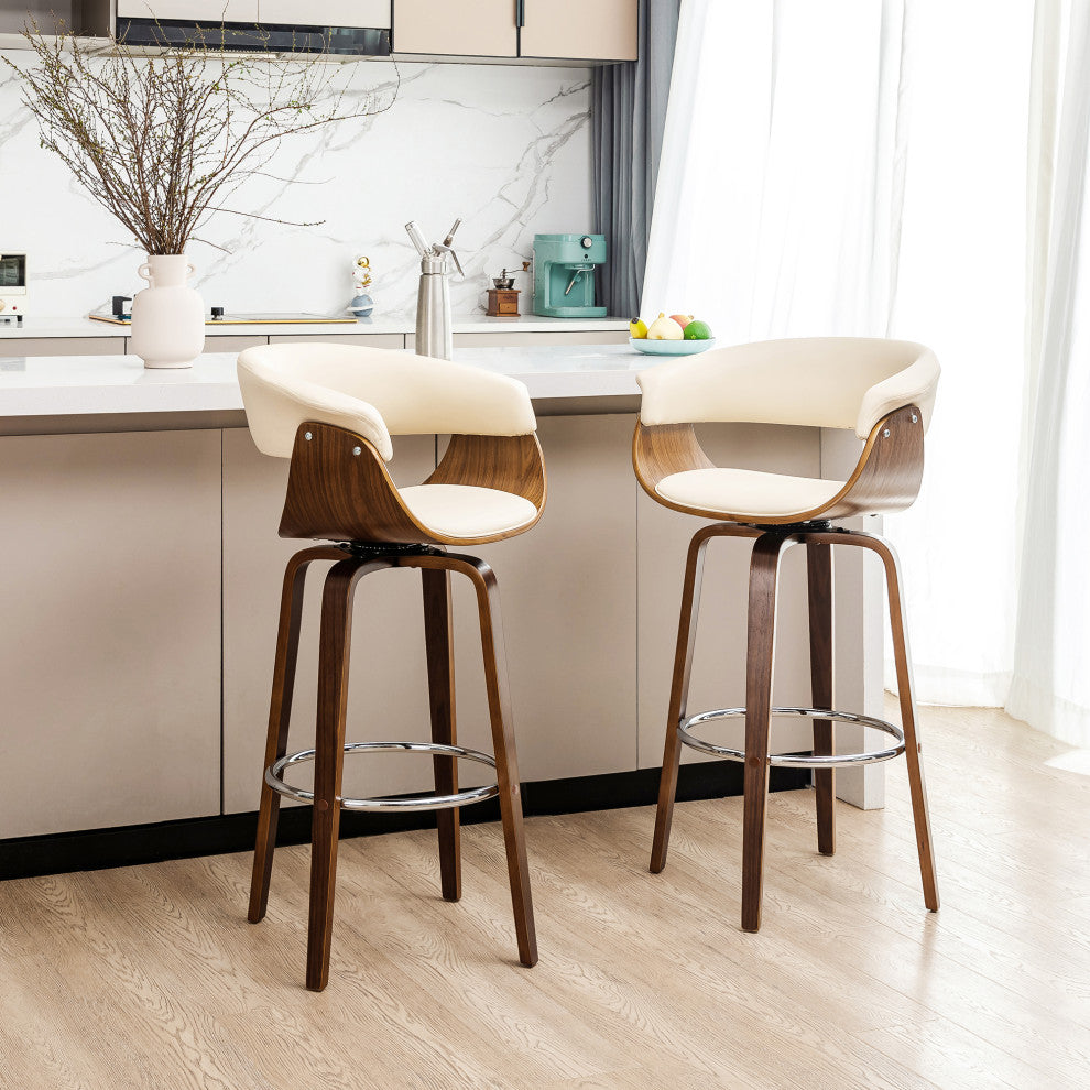 Bentwood Swivel Bar Chair, PU Leather, Set of 2, Cream