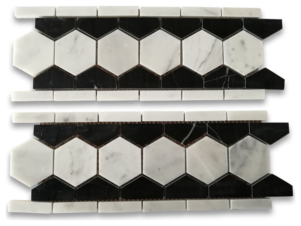 Carrara Marble 2" Hexagon Mosaic Border Listello White Black Polished, 1 sheet