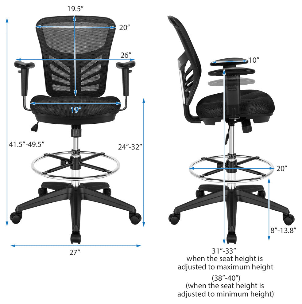 Costway Mesh Drafting Chair Office Chair w/Adjustable Armrests & Foot-Ring