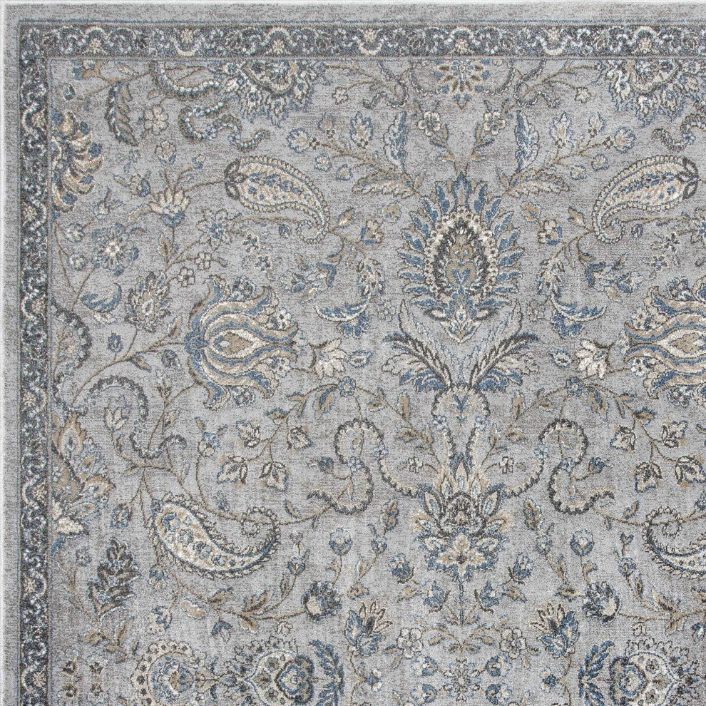 HomeRoots 8'x11' Silver Blue Machine Woven Traditional Floral Indoor Area Rug