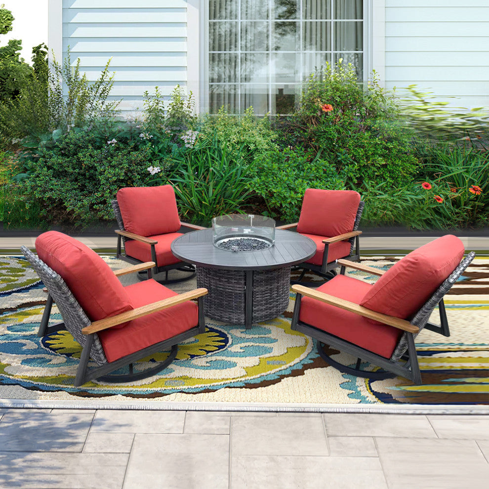 Manbo 5-Piece Aluminum Wicker Outdoor Fire Pit Deep Seating Set with Cushions, Canvas Terracotta Sunbrella