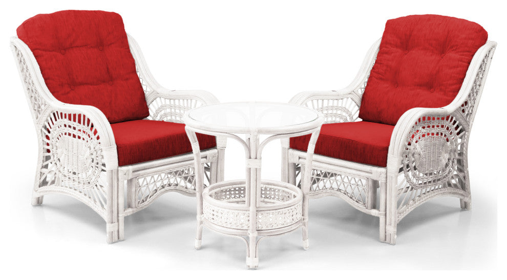 Malibu Lounge Armchair, Natural Rattan Wicker, White, Red Cushions