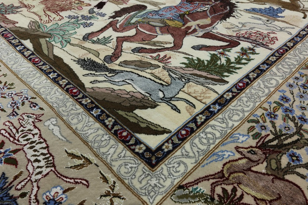 Hunting Scene Hand Knotted Wool/Silk Signed Authentic Persian Isfahan Rug, 5x8