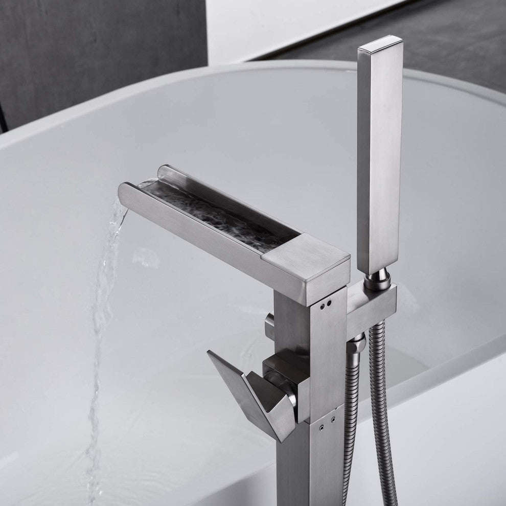 Single Handle Floor Mounted Freestanding Tub Filler with Hand Shower, Brushed Ni