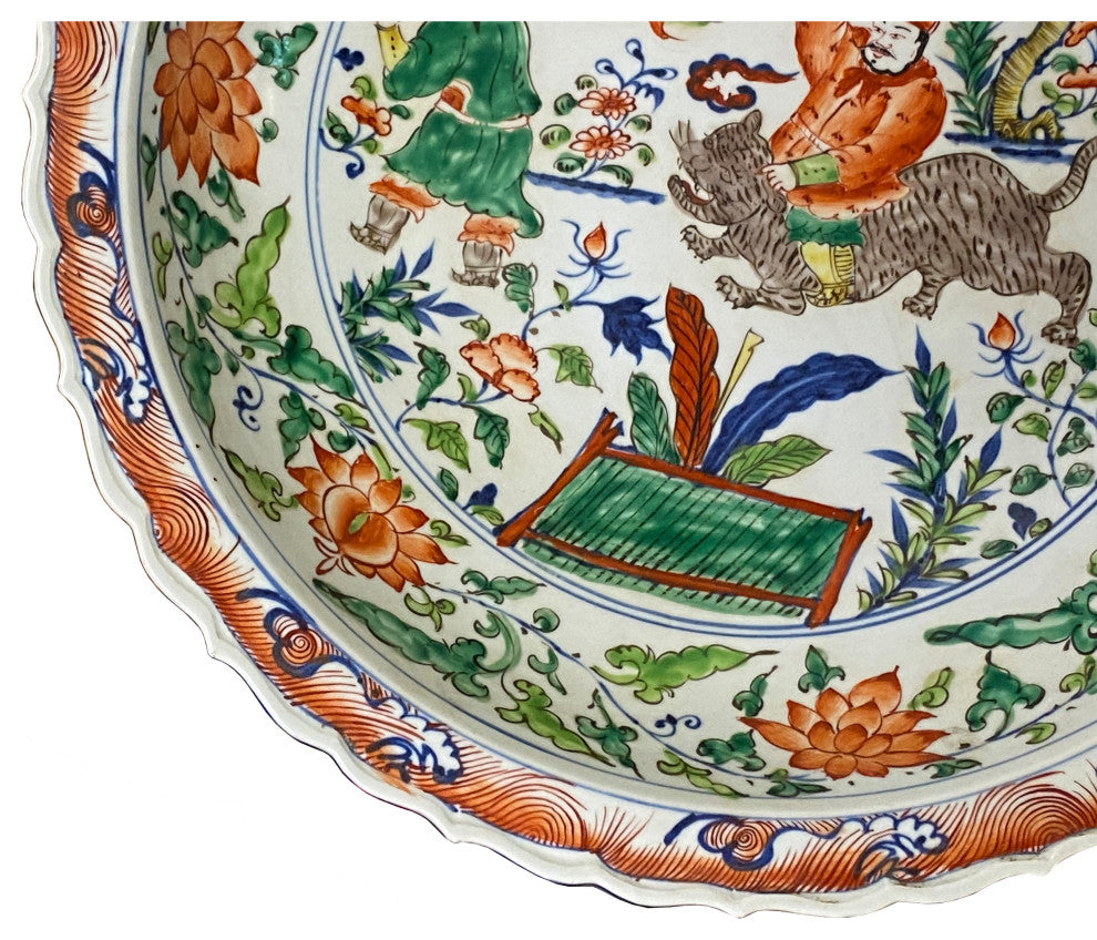 Chinese Orange White Porcelain People Scenery Display Charger Plate Hcs7437