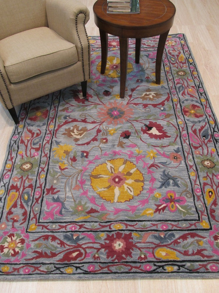 EORC Hand-tufted Wool Blue Traditional Floral Suzani Rug, Rectangular 5'x8'