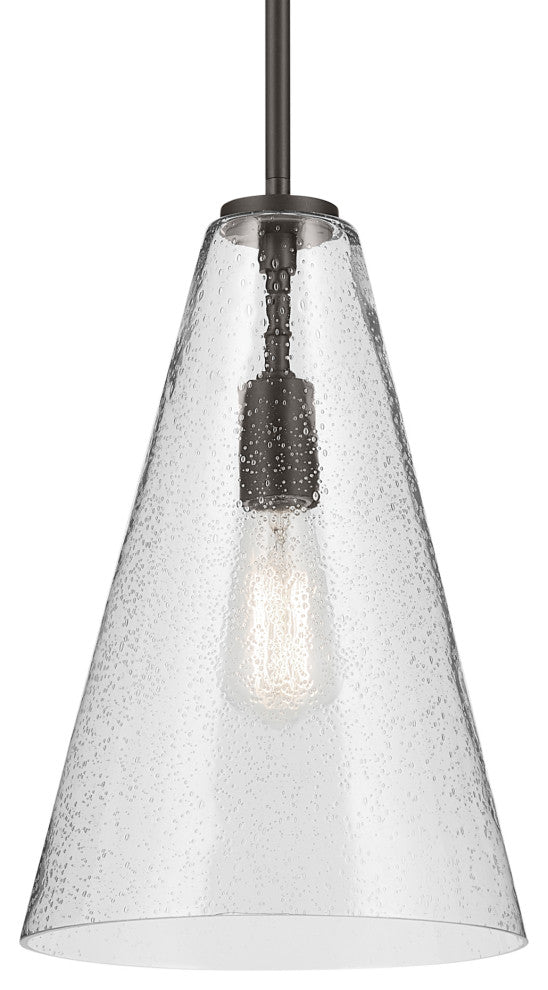 Everly 15.25" 1-Light Cone Pendant With Clear Seeded Glass, Olde Bronze