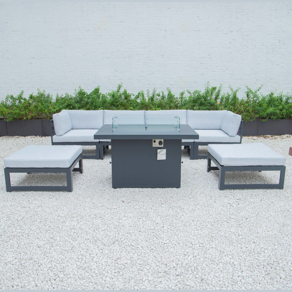 LeisureMod Chelsea 7-Piece Outdoor Sectional With Fire Pit Table, Light Gray