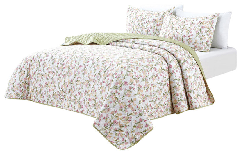 Bibb Home 3 Piece Reversible Quilt Set, Sage Blossom, King