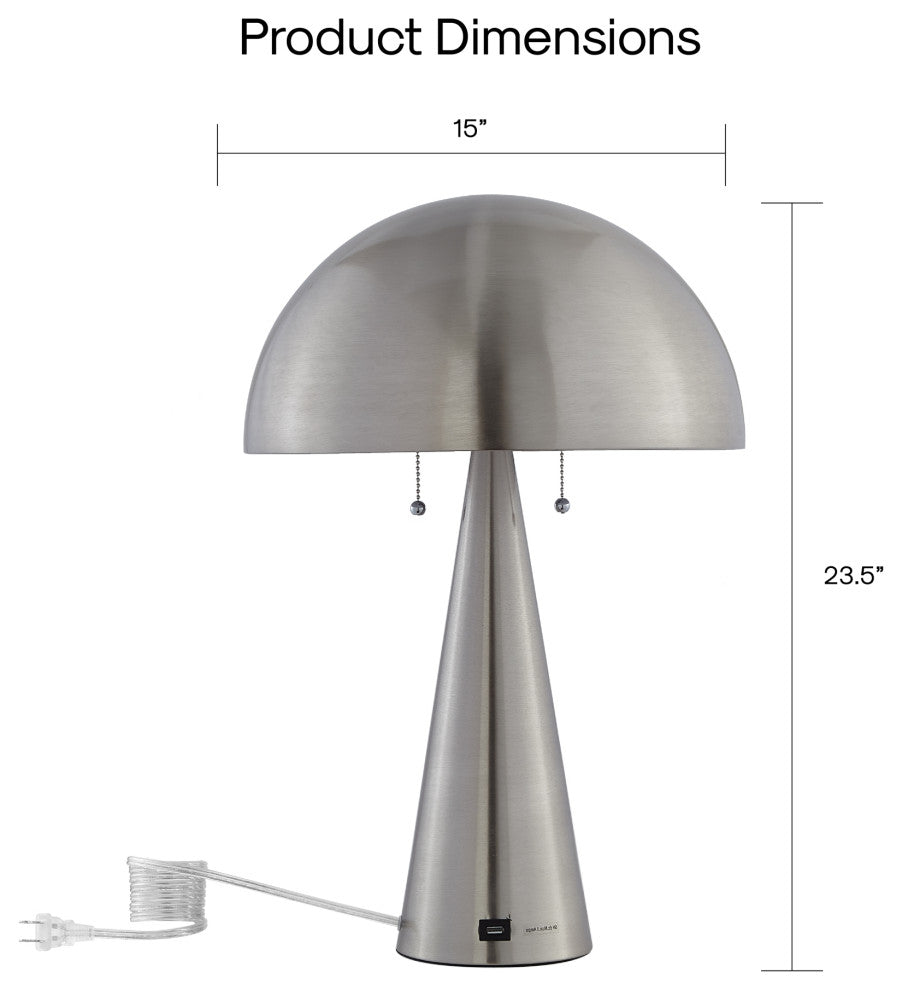 Inspired Home Emmalin Table Lamp, USB Charger, Stainless Steel