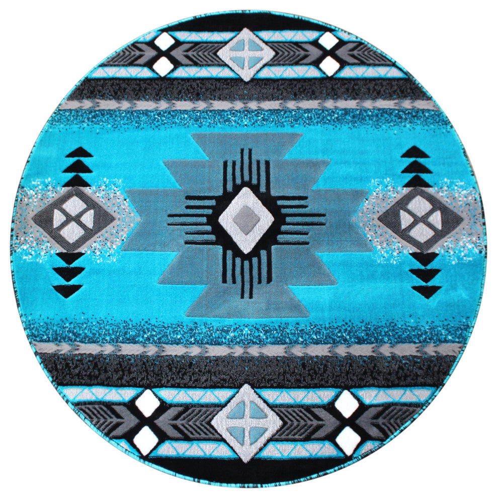 Angie Collection Round 5' x 5' Turquoise Traditional Southwestern Style Area Rug