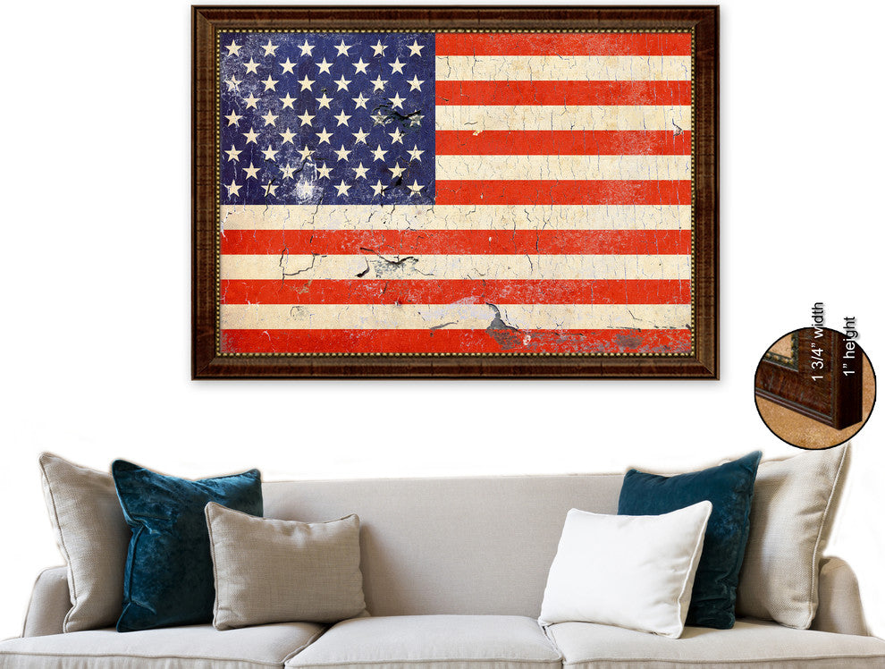 USA 50 Vintage Flag Print With Brown Gold Frame, 15"X21"