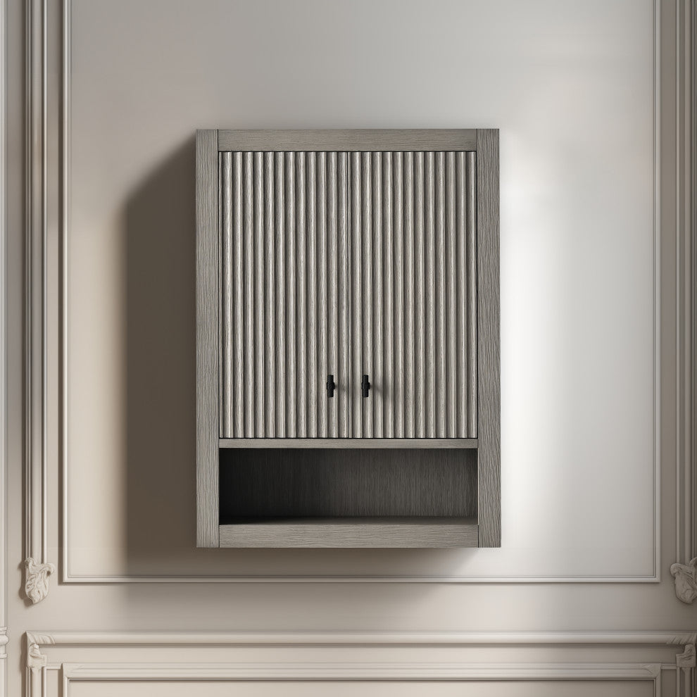 Vanity Art 24" Wall Mounted Bathroom Storage Cabinet, Linear Driftwood Gray, Matte Black Handle