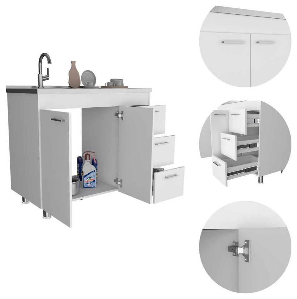 Contemporary Base Kitchen Cabinet, Aluminum Countertop & Multiple Drawers, White