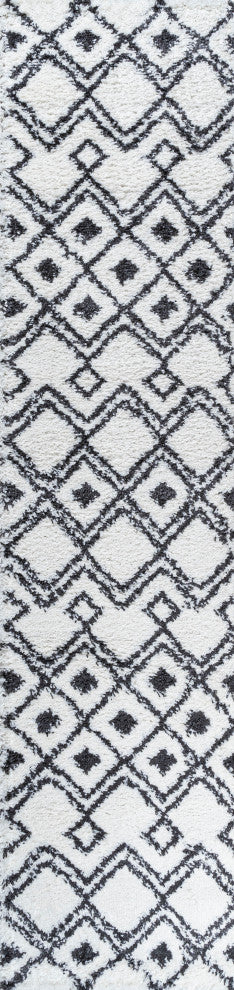 Caimari Moroccan Diamond Shag White/Black 2'x8' Runner Rug